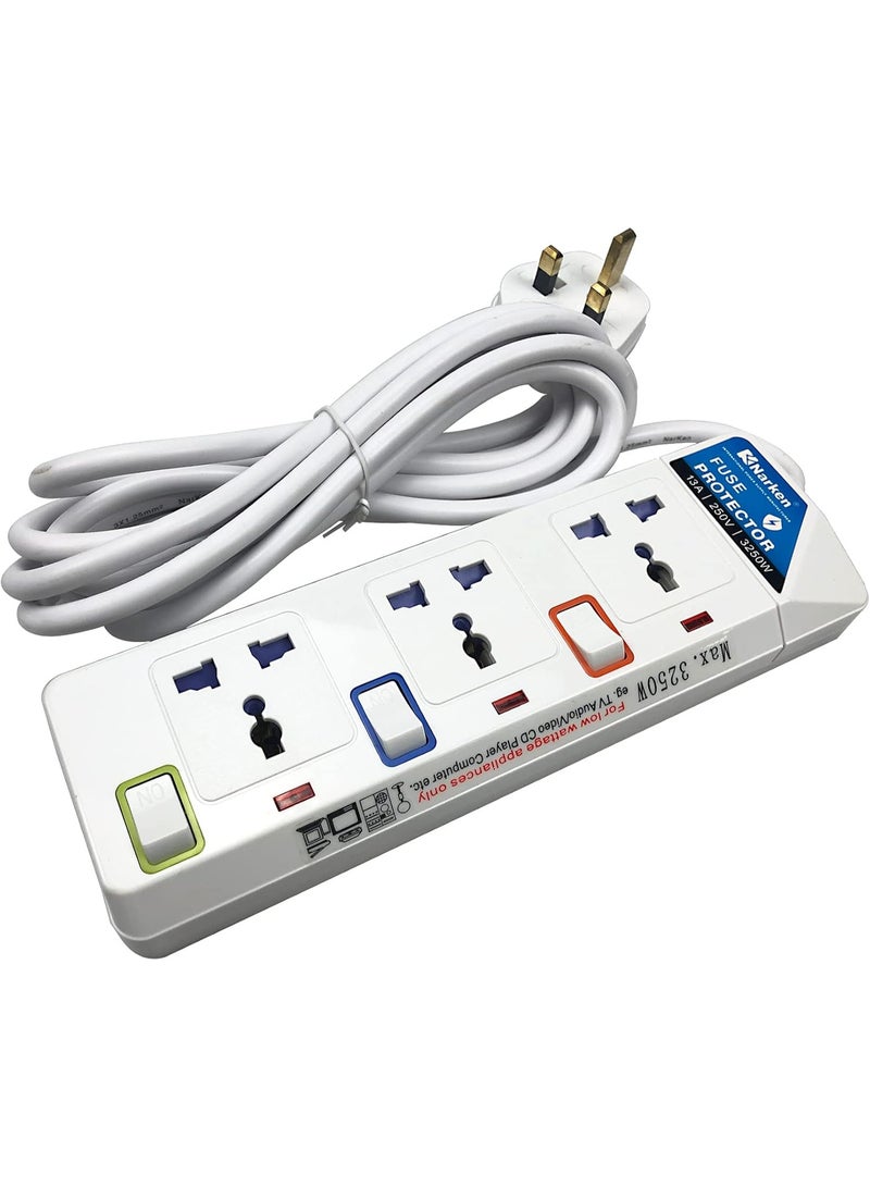 Narken E Series Electric Universal Extension Cord 3 Socket 3 Meter Power Strip wire 13A Fuse surge With Separate Single Switch and Indicate light Max 13A 3250W AC 250V White. - Image 2